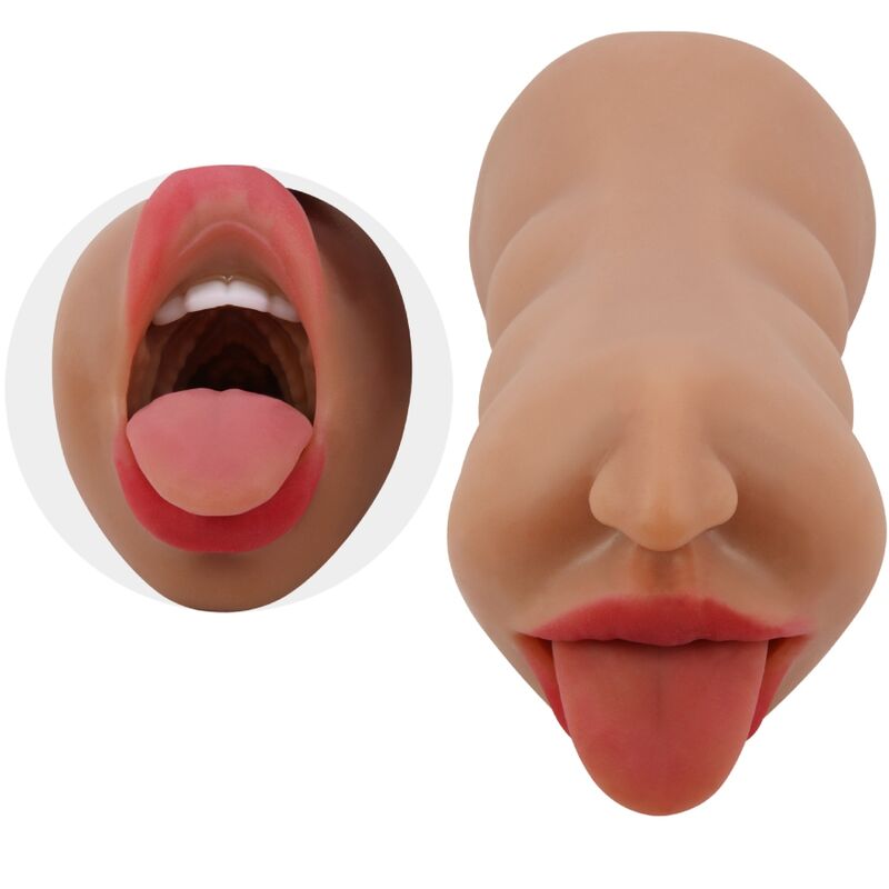 Masturbatore doppio CRAZY BULL Sarah con bocca e vagina in materiale carne, dettagli realistici, visibile in questa immagine.