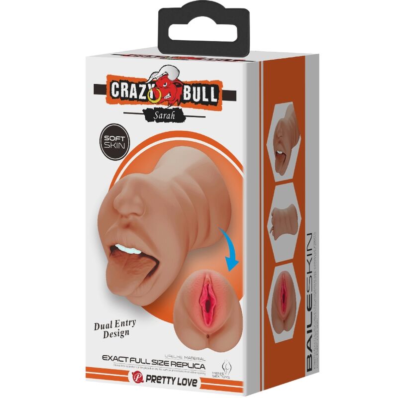 Masturbatore doppio CRAZY BULL Sarah con bocca e vagina in materiale carne, dettagli realistici e texture morbida.
