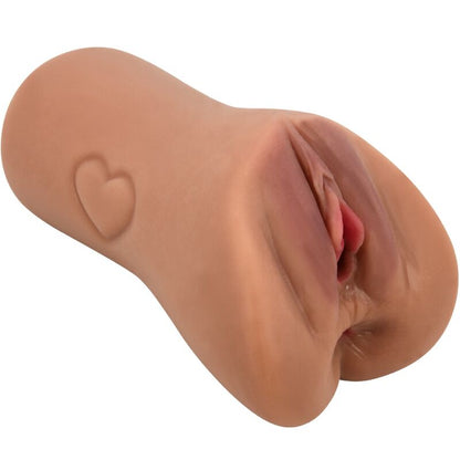 Dildo CRAZY BULL con design di vagina e ano scarlatto con cuore in carne, realistico e dettagliato, per adulti.