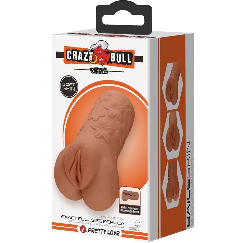 Dettaglio di un dildo CRAZY BULL con design vagina e ano scarlatto con fiori in colore carne, realizzato in materiale realistico.