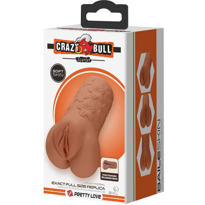 Dettaglio di un dildo CRAZY BULL con design vagina e ano scarlatto con fiori in colore carne, realizzato in materiale realistico.