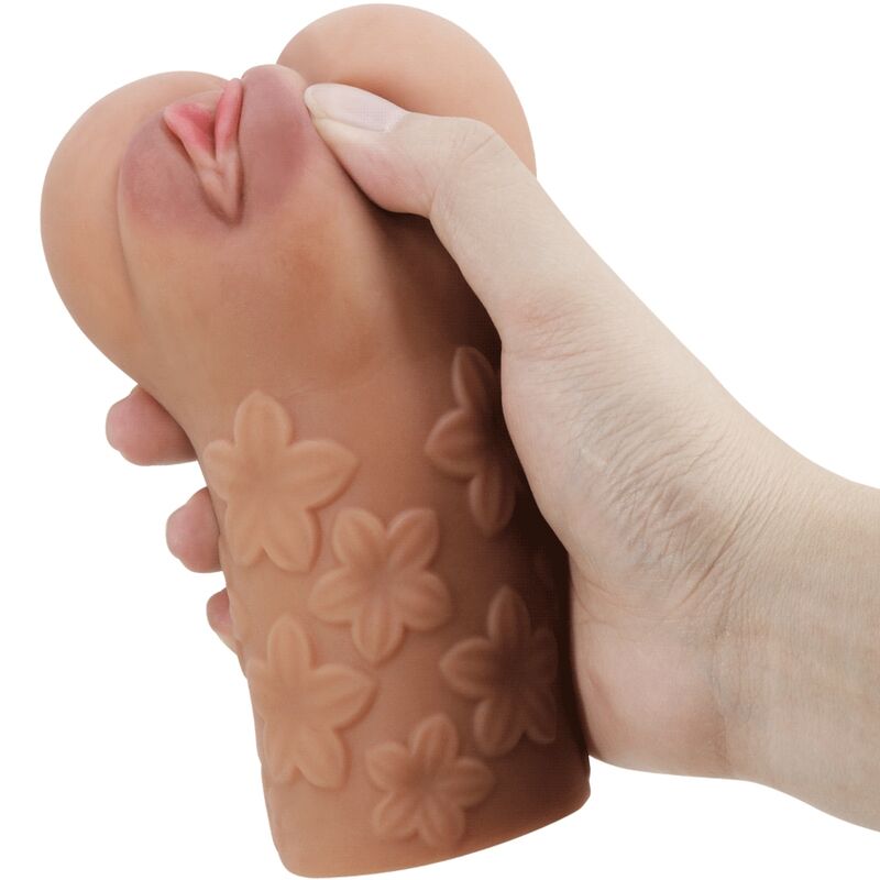 Dildo CRAZY BULL con design di vagina e ano scarlatto con fiori in colore carne, realistico e dettagliato.