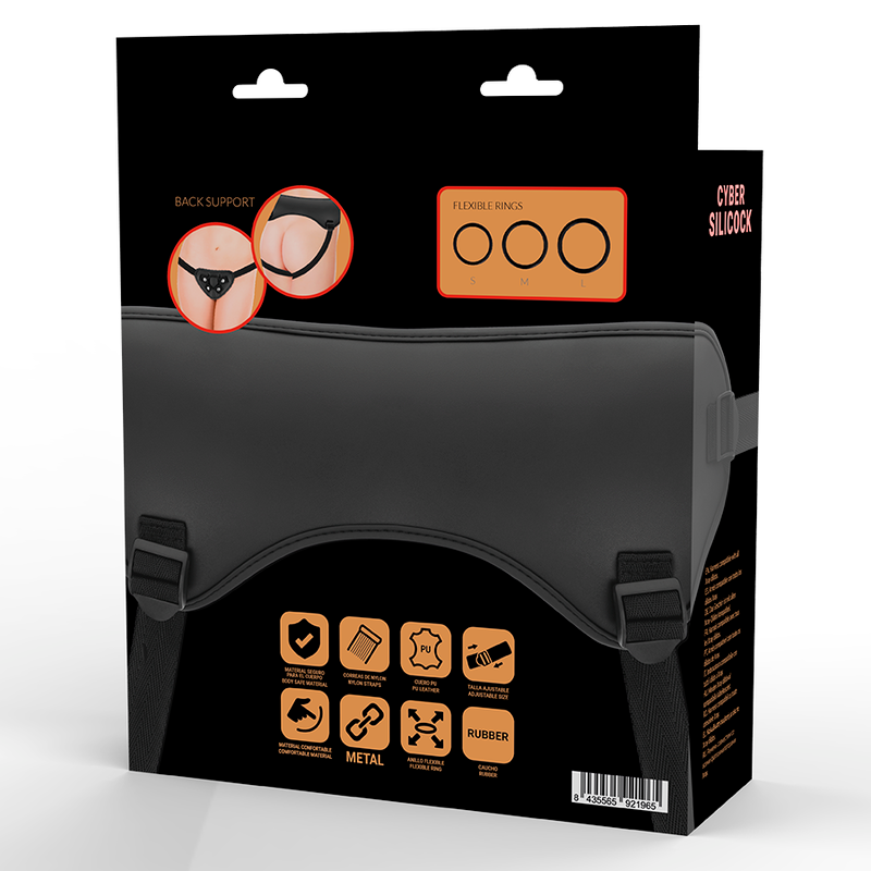 Immagine di un arnes de cinta Cyber Silicock con tre anelli, realizzato in silicone, visibile in dettaglio sul prodotto.