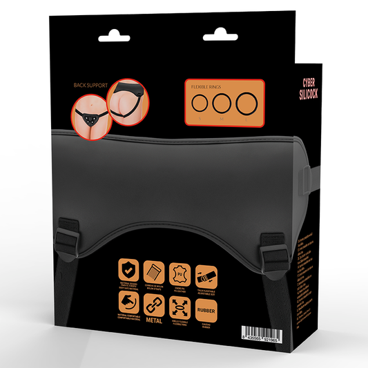 Immagine di un arnes de cinta Cyber Silicock con tre anelli, realizzato in silicone, visibile in dettaglio sul prodotto.