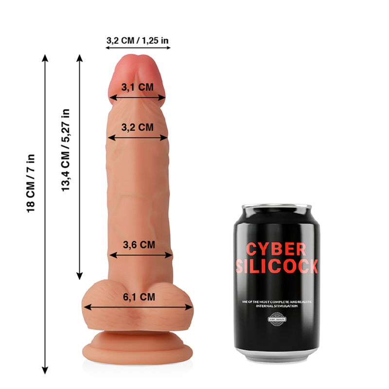Cyber Silicock Jude silicone liquido morbido, ultra realistico, 18 cm con base o 3,2 cm, dettaglio di un prodotto in silicone.