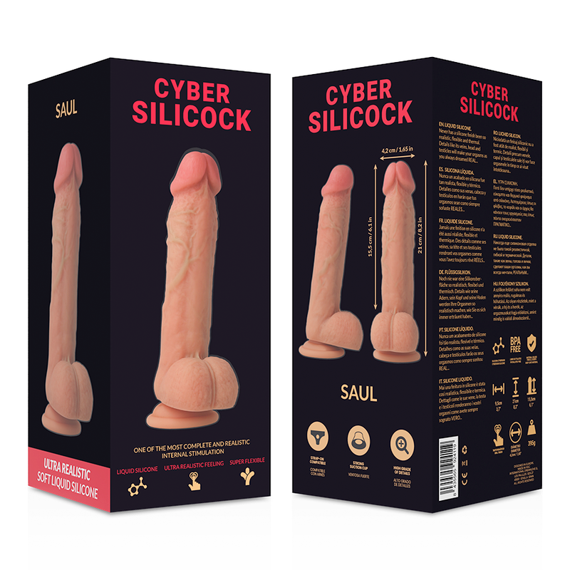 Silicone liquido morbido CYBER SILICOCK Saul, modello ultra realistico, lunghezza 21 cm, diametro 4,2 cm, dettaglio visibile.