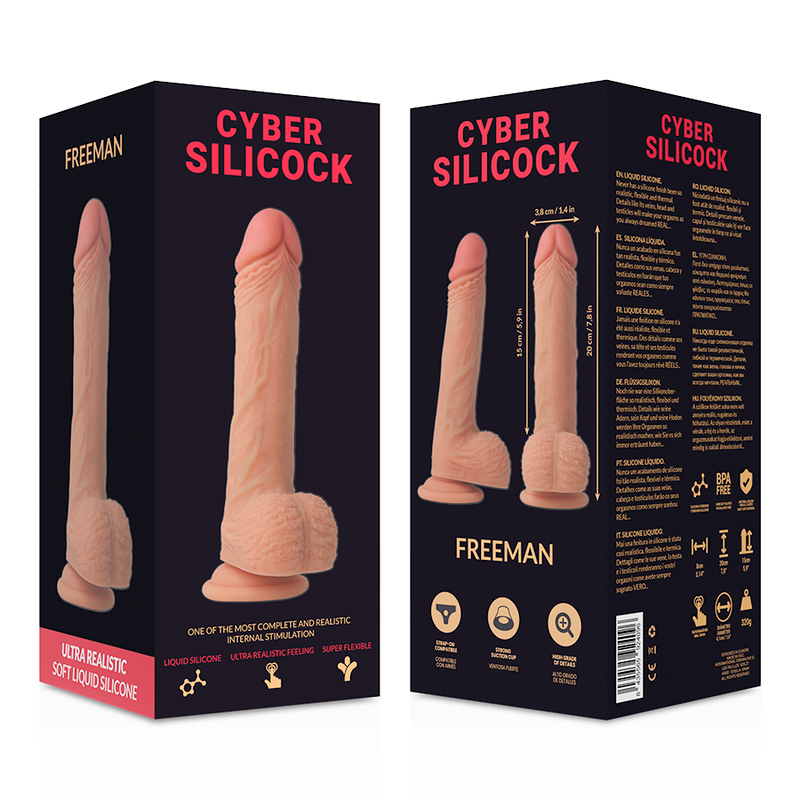 Silicone strap-on Cyber Silicock Freeman da 20 cm con tre anelli in omaggio, diametro 3,8 cm, design ergonomico e realistico