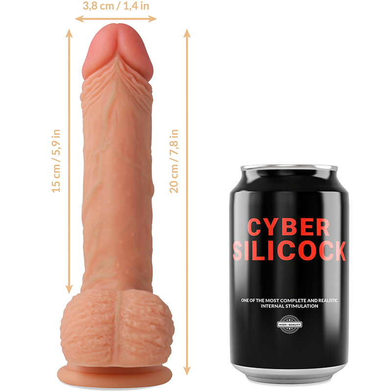 Strap-on CYBER SILICOCK in silicone liquido Freeman, lunghezza 20 cm, diametro 3,8 cm, con tre anelli in omaggio.