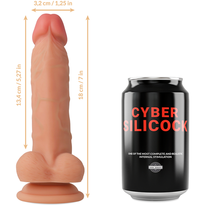 Strap-on CYBER SILICOCK Jude in silicone liquido da 18 cm con 3 anelli gratuiti, dimensioni 3,2 cm, dettagli visibili.