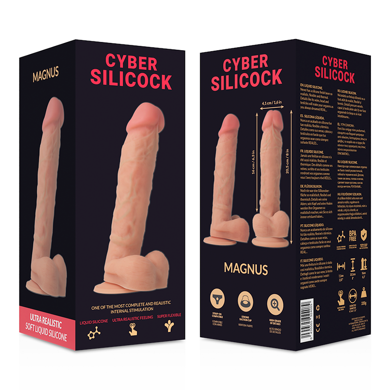 Strap-on Cyber Silicoock Magnus in silicone liquido da 20,5 cm con 3 anelli in omaggio, diametro 4,1 cm.