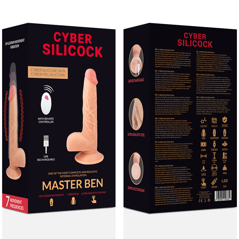 Telecomando realistico Cyber Silicock Master, lunghezza 23,88 cm e diametro di 4,3 cm, in materiale silicone nero.