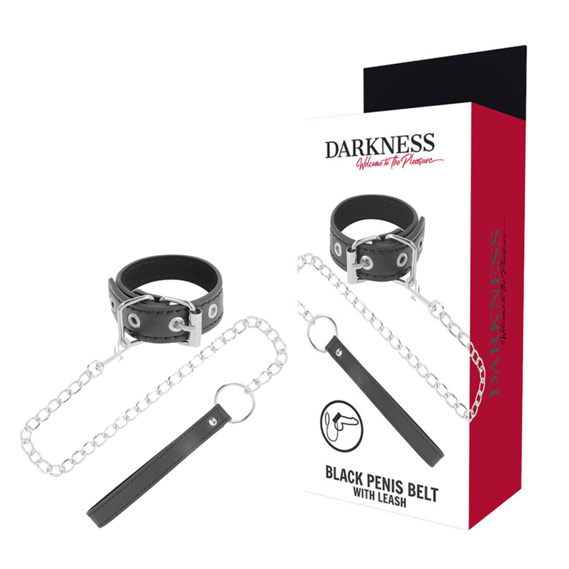 Anello per pene Darkness Bondage con cinturino in pelle nera, ideale per giochi BDSM e stimolazione sensuale.