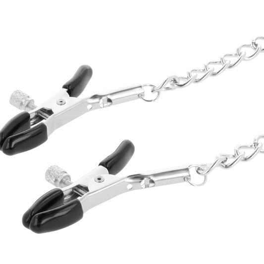 Collare nero DARKNESS BONDAGE con morsetti per capezzoli, in pelle e metallo, per giochi di bondage e restrizione.