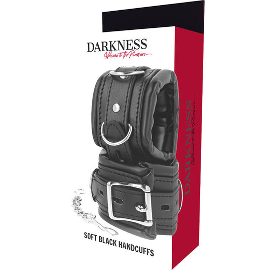 Manette BDSM imbottite DARKNESS BONDAGE, con cinturino regolabile e imbottitura morbida, ideale per giochi di bondage e restrizione.