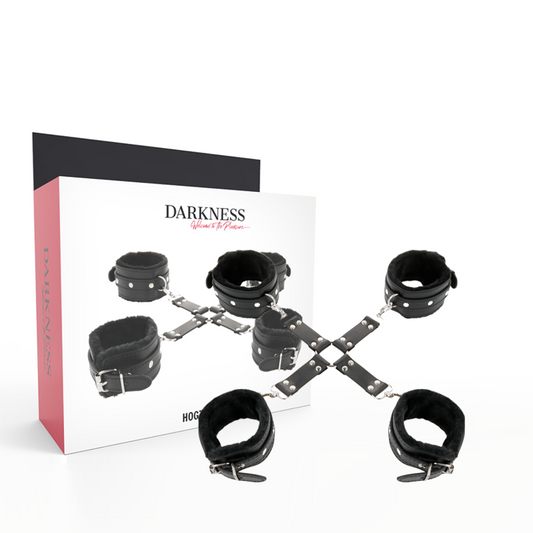 Manette in pelle nera Darkness Bondage per mani e piedi, con fibbie e dettagli resistenti, per uso BDSM e giochi di ruolo.