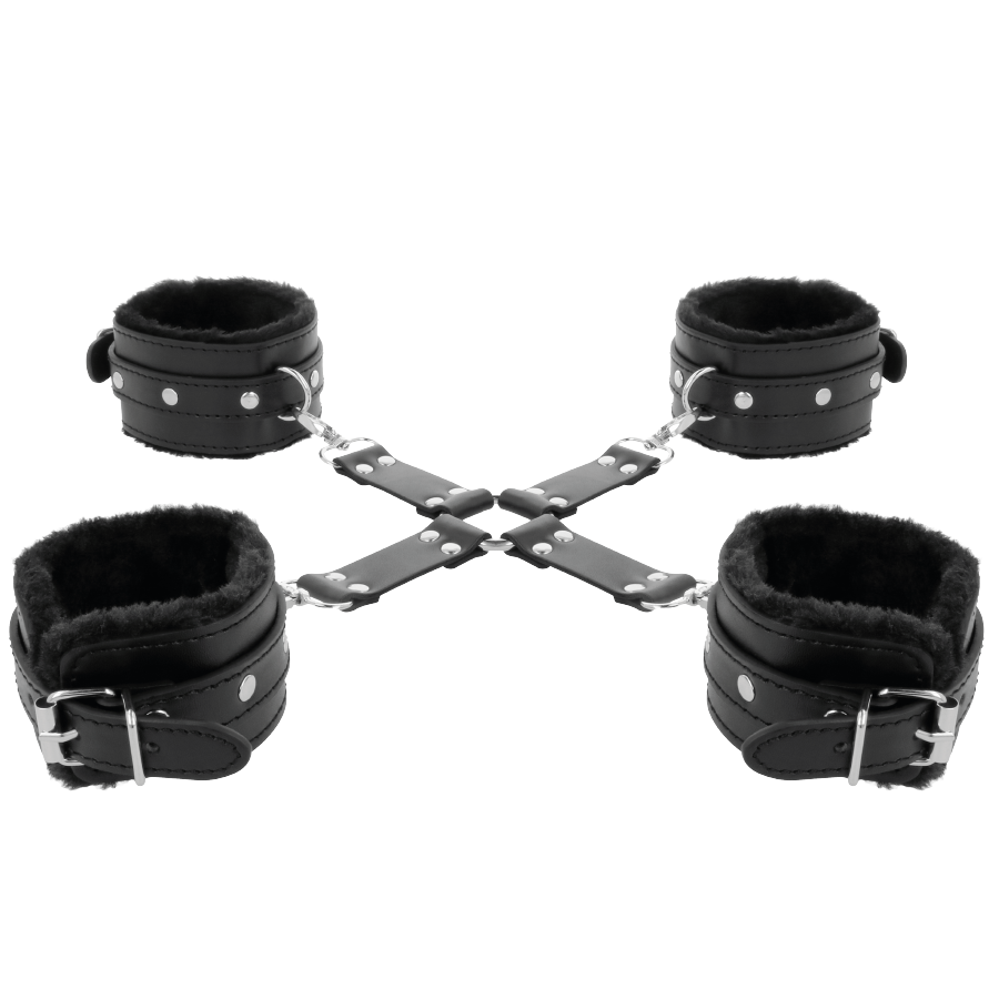 Manette in pelle nera Darkness Bondage per piedi e mani, con dettagli eleganti e chiusure robuste.