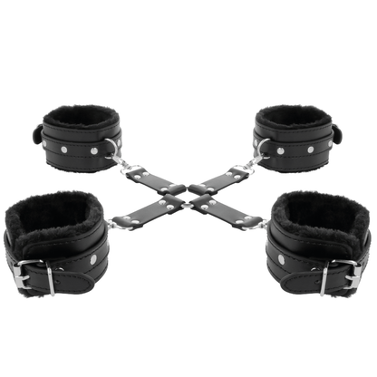 Manette in pelle nera Darkness Bondage per piedi e mani, con dettagli eleganti e chiusure robuste.
