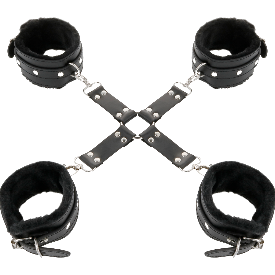 Manette in pelle nera Darkness Bondage per piedi e mani, con design resistente e dettagli eleganti, ideale per giochi di bondage.