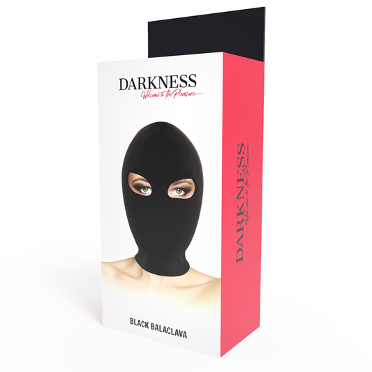 Maschera di presentazione nera Darkness Bondage, elegante e avvolgente, con dettagli in tessuto nero.