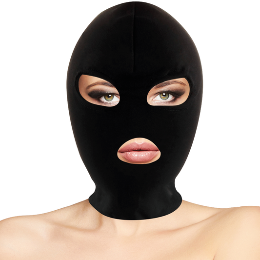 Maschera BDSM Darkness Bondage nera con occhi e bocca coperti, in tessuto resistente, per giochi di sottomissione e bondage.