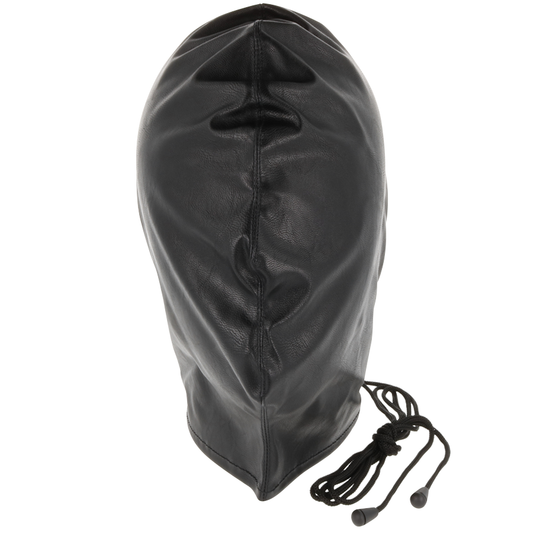 Maschera di sottomissione nera Darkness Bondage, in morbido materiale, con dettagli regolabili per un look seducente e misterioso.