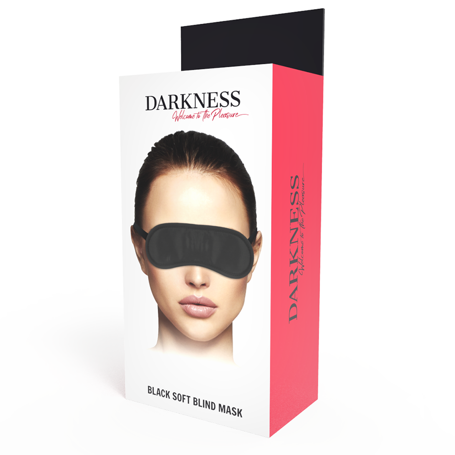 Maschera nera dritta DARKNESS BONDAGE, in tessuto morbido, copre il volto in modo lineare e discreto.