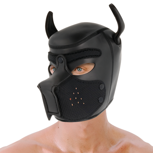 Maschera per cani in neoprene DARKNESS BONDAGE con museretta rimovibile, comoda e sicura per il pet in foto.