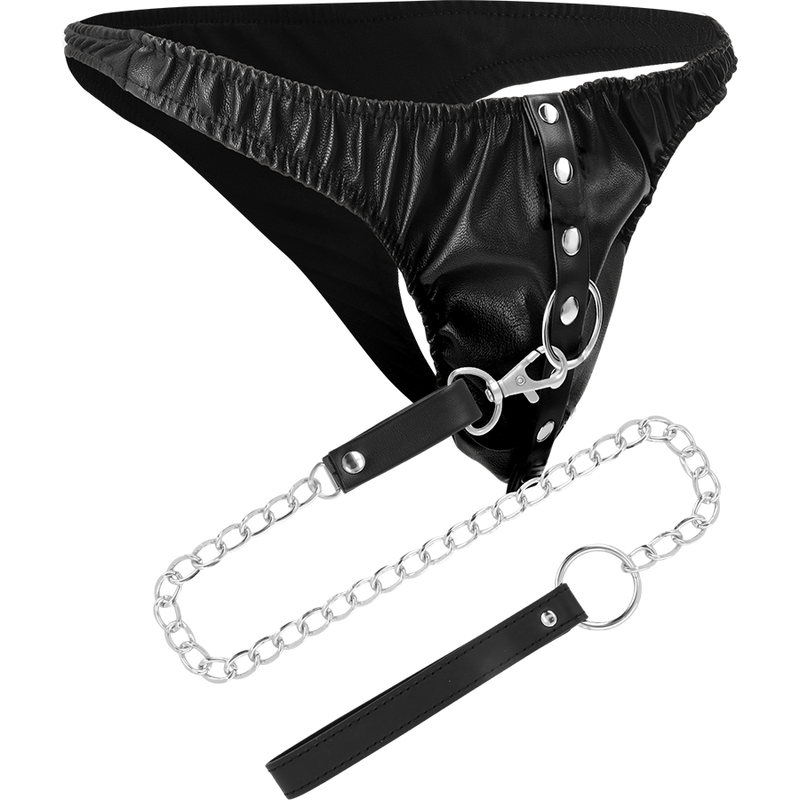 Perizoma di sottomissione DARKNESS BONDAGE con catena in metallo, intimo BDSM nero, dettagli in metallo, stile provocante.