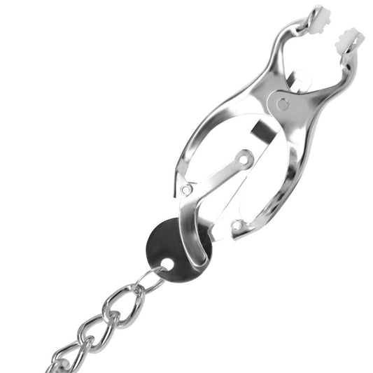 Pinza per capezzoli in metallo DARKNESS BONDAGE con catena, accessorio per BDSM, visibile con dettagli metallici e catena.