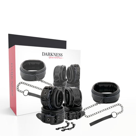 Manette e colletto in pelle nera Darkness, dettagli eleganti e stile sofisticato, ideale per accessori moda in pelle di alta qualità