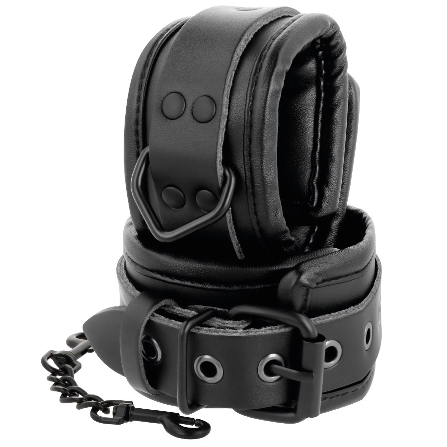 Manette e colletto in pelle nera Darkness, accessori in stile dark e alternativo, visibili nell'immagine.