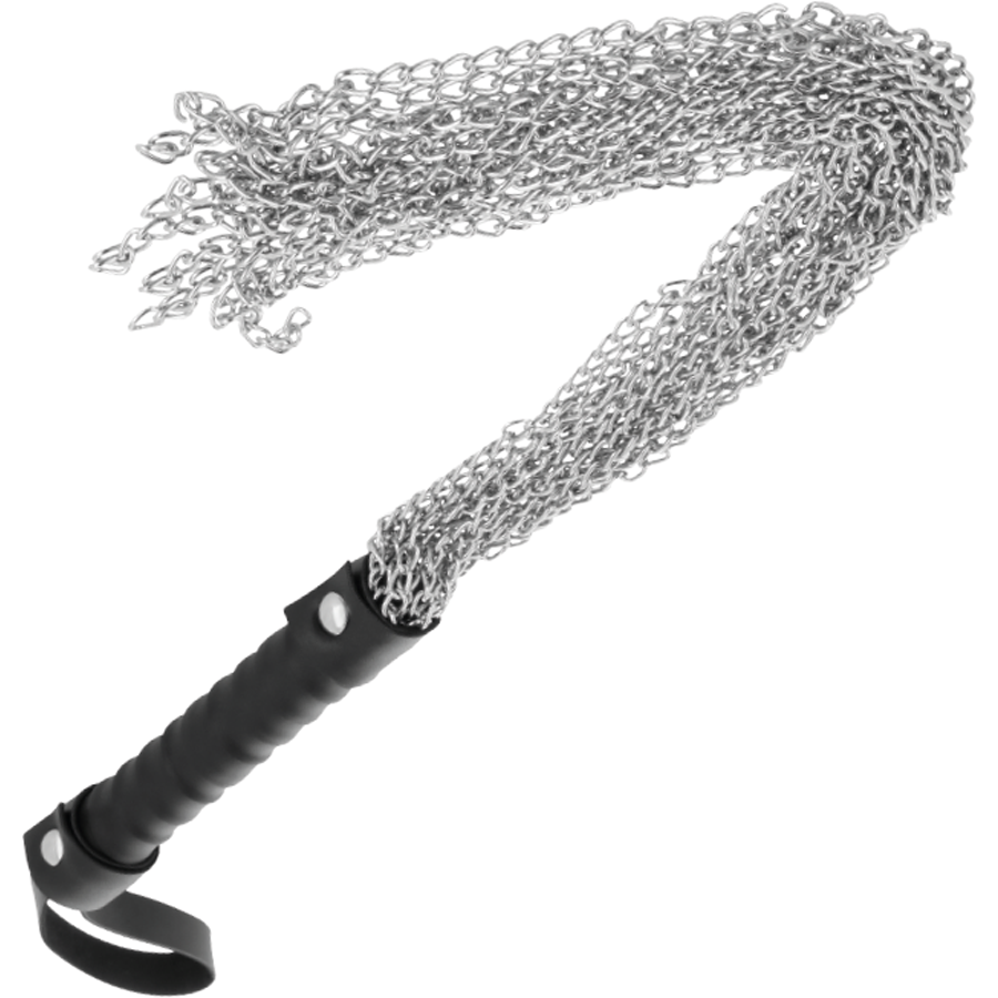 Frusta bondage BDSM in metallo DARKNESS SENSATIONS, con manici e fruste in acciaio, per giochi di dominazione e sottomissione.