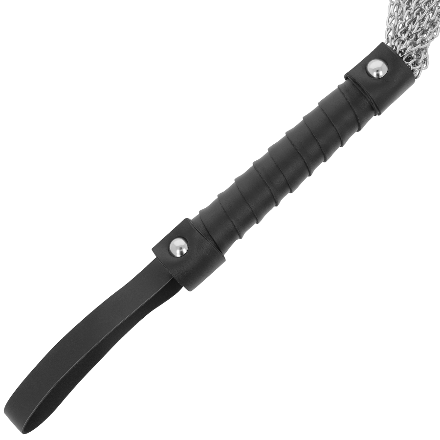 Cintura di frusta BDSM in metallo Darkness Sensations, dettagliata, con manici e catene per giochi di bondage e dominazione.