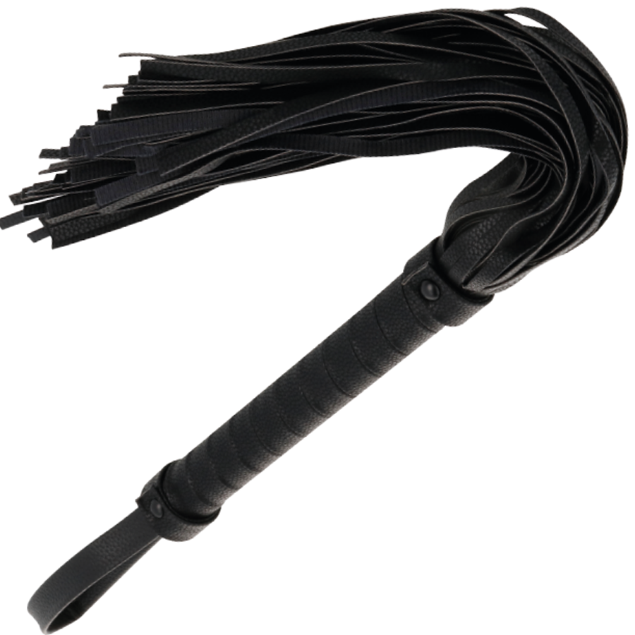 Frusta bondage nera DARKNESS SENSATIONS, 42 cm, in pelle con impugnatura dettagliata, perfetta per giochi di ruolo e pratiche BDSM