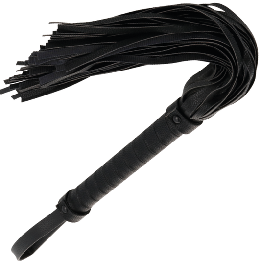 Frusta bondage nera DARKNESS SENSATIONS, 42 cm, in pelle con impugnatura dettagliata, perfetta per giochi di ruolo e pratiche BDSM