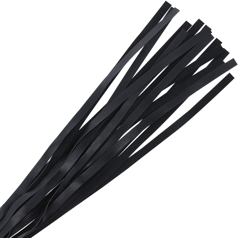 Frusta bondage nera Darkness Sensations, lunghezza 45 cm, con manico e frange morbide, usata per giochi di ruolo e restrizioni.