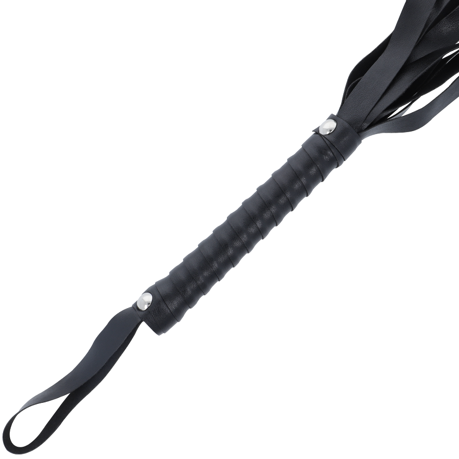 Frusta nera bondage DARKNESS SENSATIONS lunga 51 cm con manico resistente e superfici morbide per giochi BDSM.
