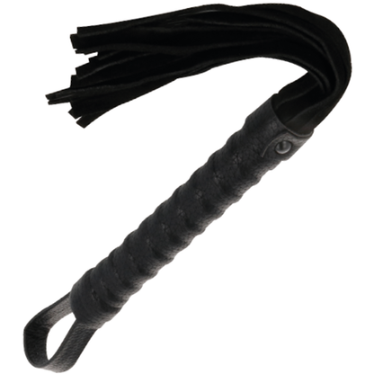 Frusta bondage nera Darkness Sensations con manico in pelle, manica in tessuto resistente, per giochi di ruolo e BDSM.