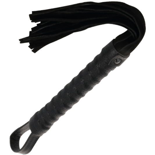 Frusta bondage nera Darkness Sensations con manico in pelle, manica in tessuto resistente, per giochi di ruolo e BDSM.