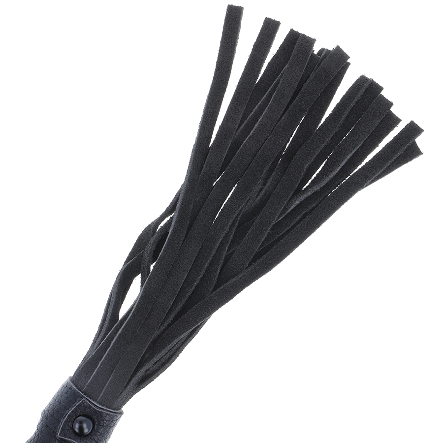 Frusta bondage nera con manico in pelle del marchio Darkness Sensations, con impugnatura robusta e superficie liscia.