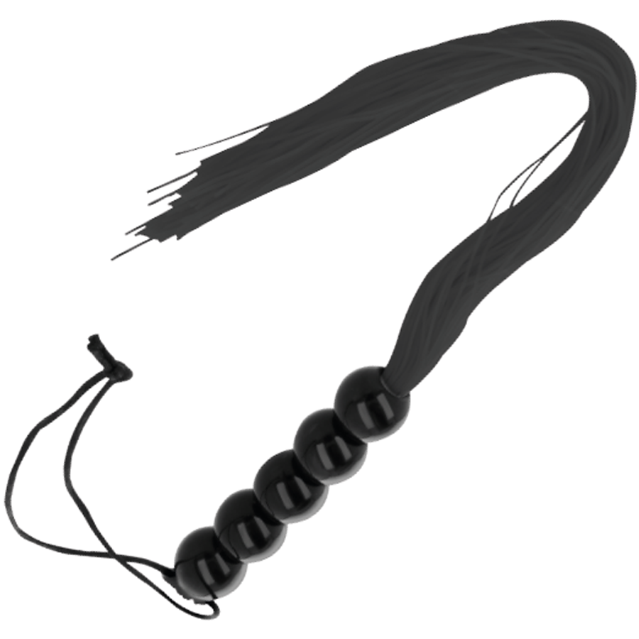 Frusta bondage nera sottile Darkness Sensations, strumenti per giochi BDSM, con impugnatura ergonomica e frange morbide.