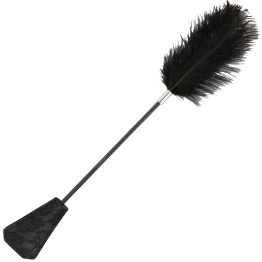 Frusta di piume nera DARKNESS SENSATIONS lunga 56 cm, decorativa e morbida, ideale per giochi sensoriali e stimolanti.