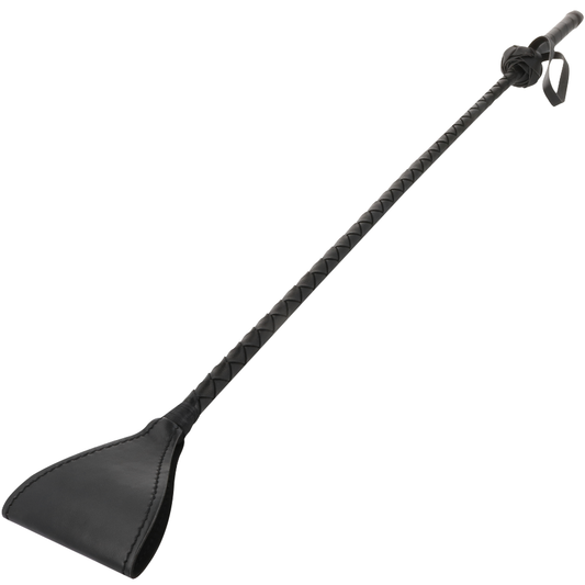 Frusta nera Darkness - Frusta Whipper di Darkness Sensations, con impugnatura in pelle e fruste in gomma nera, per giochi di ruolo.