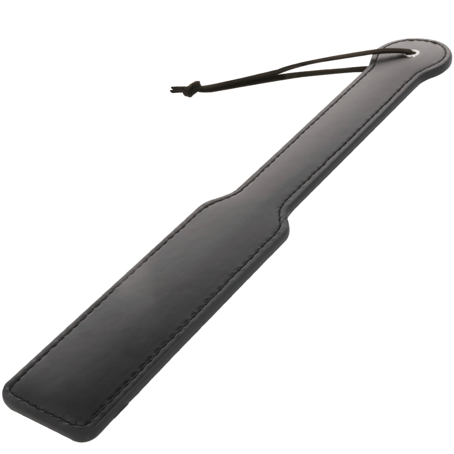 Pagaia fetish nera DARKNESS SENSATIONS con dettagli in pelle e fibbie, ideale per giochi BDSM e costumi fetish.