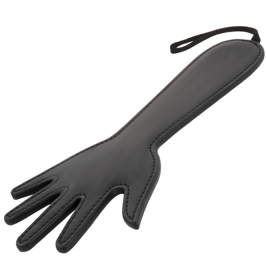 Pagaia fetish nera DARKNESS SENSATIONS, dettagli in pelle nera e fibbie, accessorio fetish elegante e provocante.