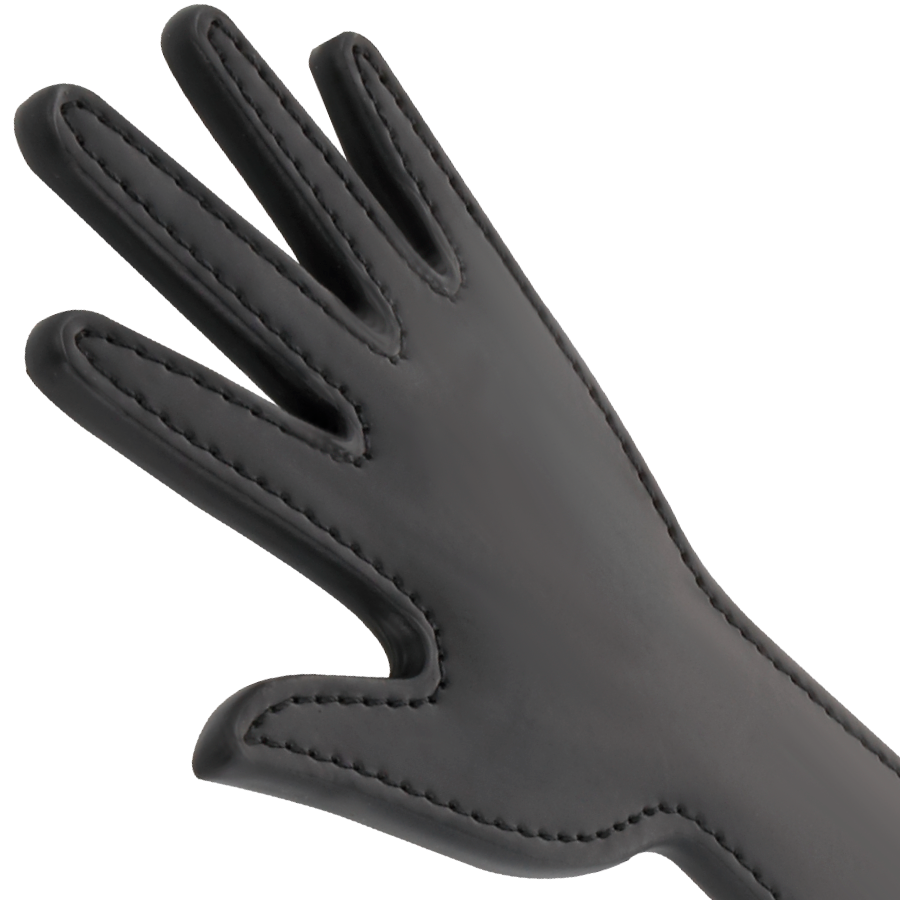 Pagaia fetish nera Darkness Sensations, manico lungo e impugnatura in pelle nera, ideale per giochi BDSM e fetish.