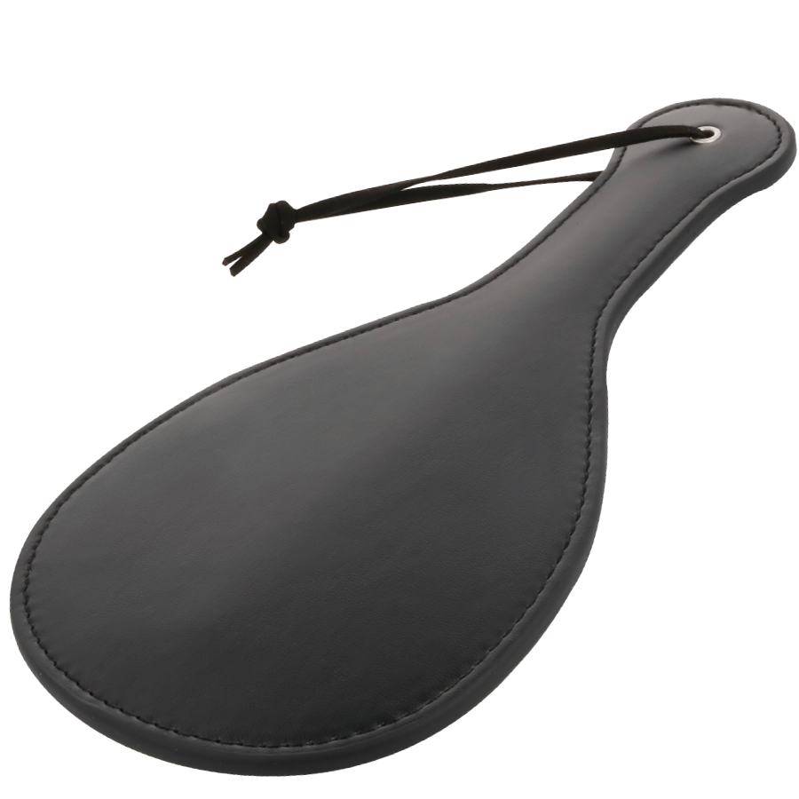 Pagaia fetish nera tonda DARKNESS SENSATIONS, accessorio in tessuto con dettagli in pelle per gioco erotico.