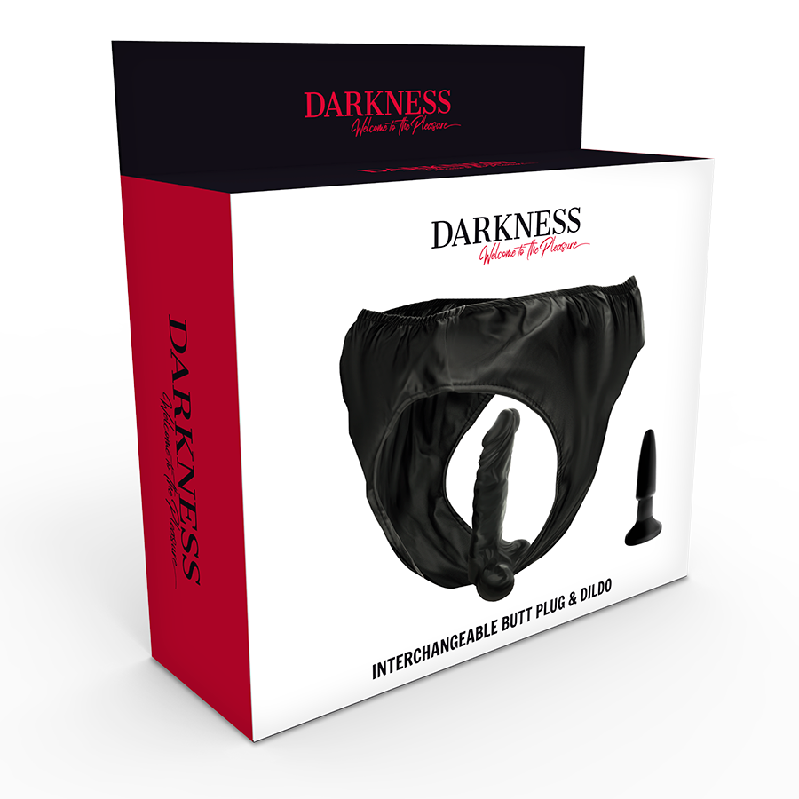 Slip Darkeness Sensations con tappo e dildo intercambiabile, morbido e realistico, ideale per giochi intimi e stimolazione sensoriale.