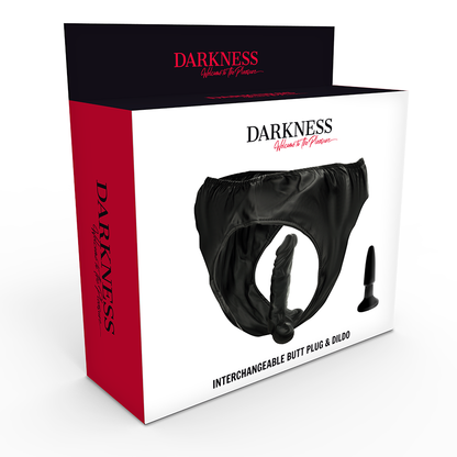 Slip Darkeness Sensations con tappo e dildo intercambiabile, morbido e realistico, ideale per giochi intimi e stimolazione sensoriale.