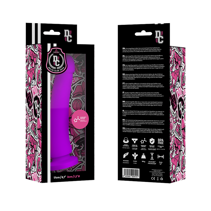 Dildo medico lilla in silicone DELTACLUB, 17 cm di lunghezza e 3 cm di diametro, con superficie liscia e dettagli realistici.